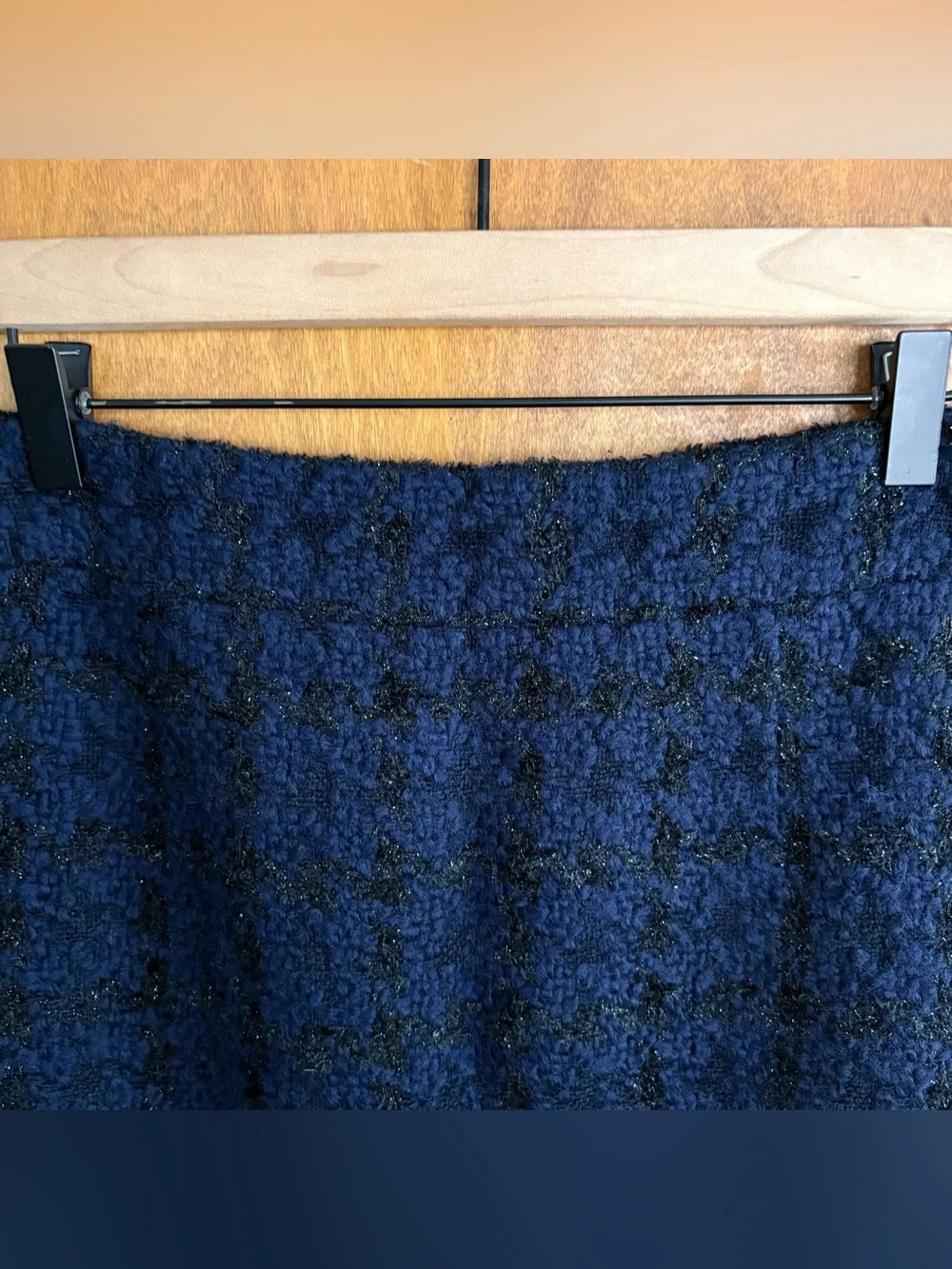 J. Crew Navy Blue Wool Tweed Pencil Skirt Plaid Office Work Career Metallic Boho
